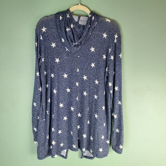 Lucky Brand Blue Allover Star Print Tie Open Front Cardigan Hoodie Size Large - Picture 2 of 6